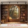 2D Gothic Library Window Backdrop, Vintage Bookshelf and Candle Background for Birthday & Events