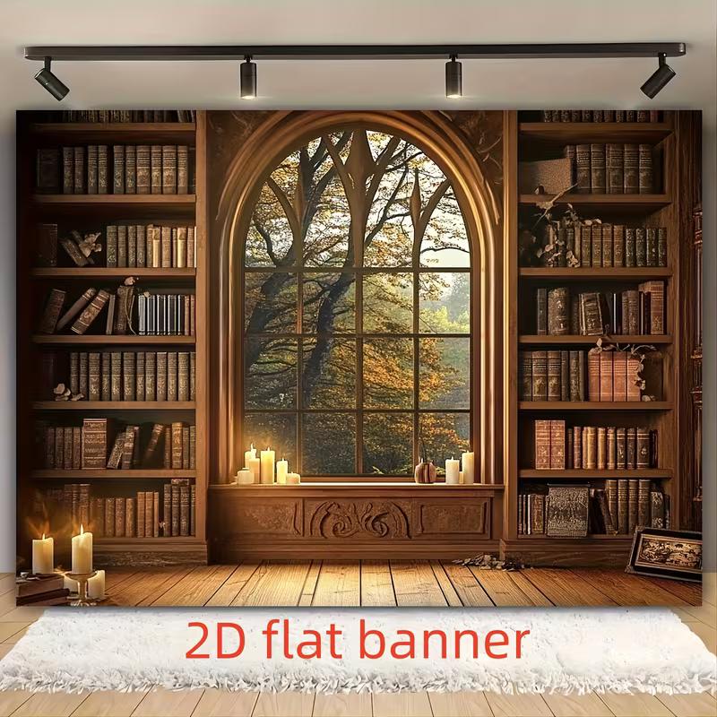 2D Gothic Library Window Backdrop, Vintage Bookshelf and Candle Background for Birthday & Events