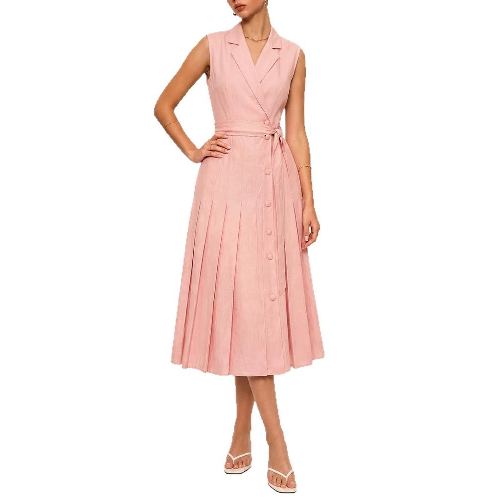 Temperament Pink Suit Collar Sleeveless Dress Waist Lace-up Pleated Commuter Gentle Wind Long Dress