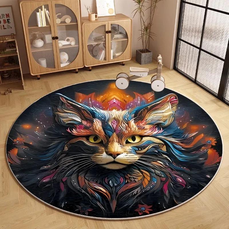 Moon Cat Round Rug Fantasy Floral Space Pattern Carpet Living Room Bedroom Kids Room Decorative Floor Mat
