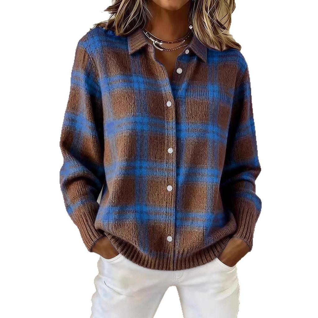 Blue and Orange Checkered Cardigan with Button Front and Ribbed Hem
