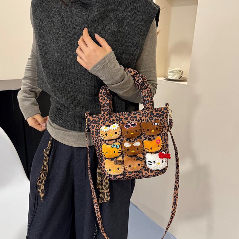 Duffy Cat Pattern Nylon Crossbody Bag With Plush Details For Casual Wear