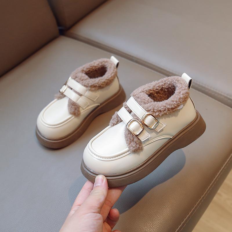 Children Leather Shoes Winter British Thick Soled Girls Shoes Plush Casual Warm Thicken Cotton Shoes