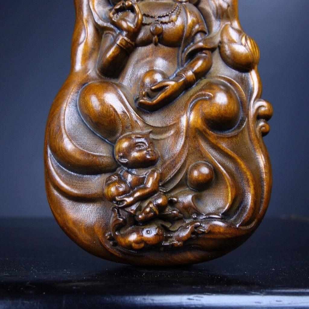 Chinesischer Buchsbaum Holz geschnitzt Exquisite beidseitige Kwan-Yin Statue Geschenk Kunst