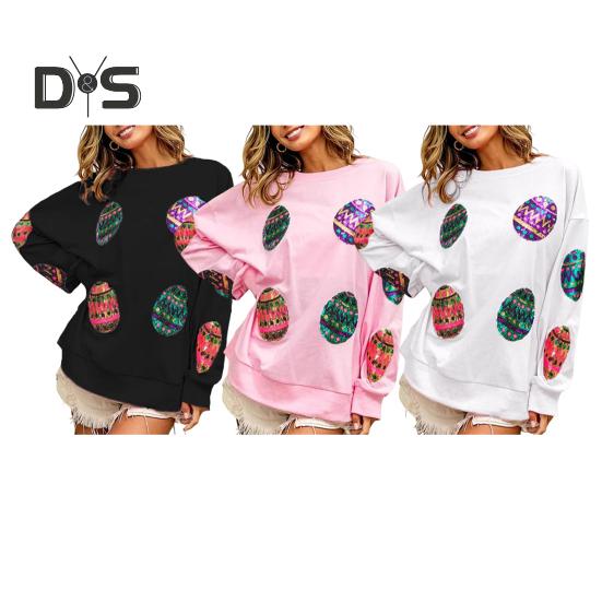 Women Tops Round Neck Long Sleeve Loose Fit Tee Shirt Sparkling Sequins Easter Eggs Decor Elastic T-shirt