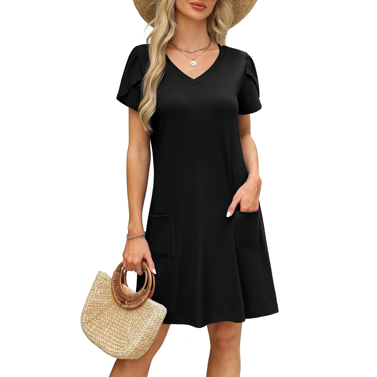 

Women s Loose-Fit -Petaled V-Neck Tie-Detail Pocket Short-Sleeve Dress L чорний