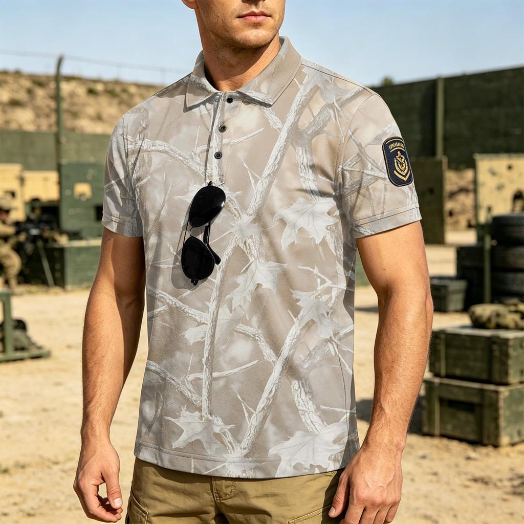 Men's Tactical Short Sleeve Polo Shirt Loose Fit Breathable Outdoor Quick Dry Camouflage Print with Magic Tape Patch Area