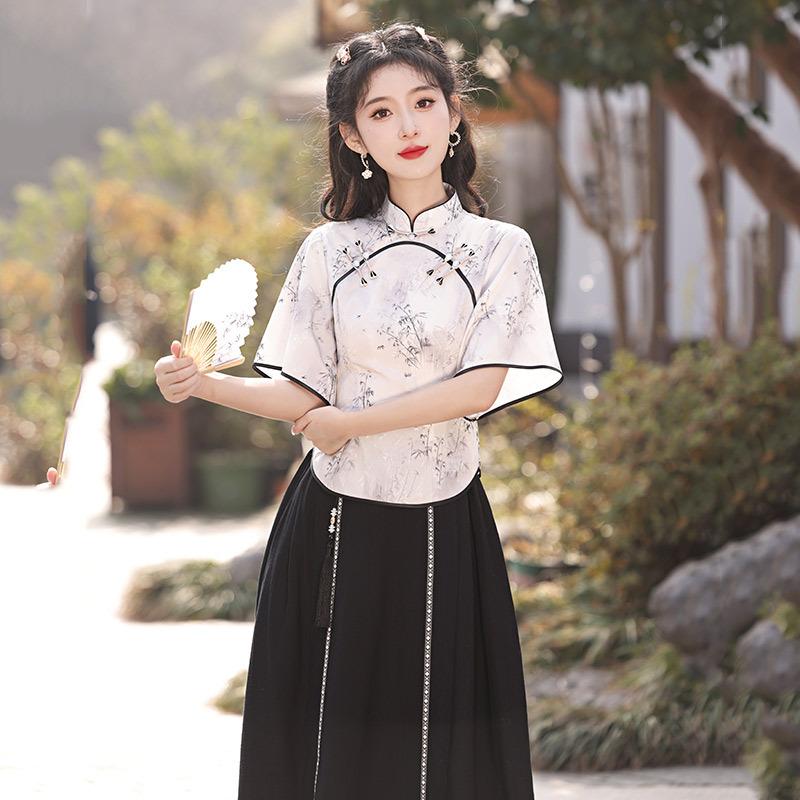 Chinese Style New Chinese Style Daily Improvement Cheongsam Top Two-piece Suit Skirt Young Girl Retro Short Sleeve Spring and Summer