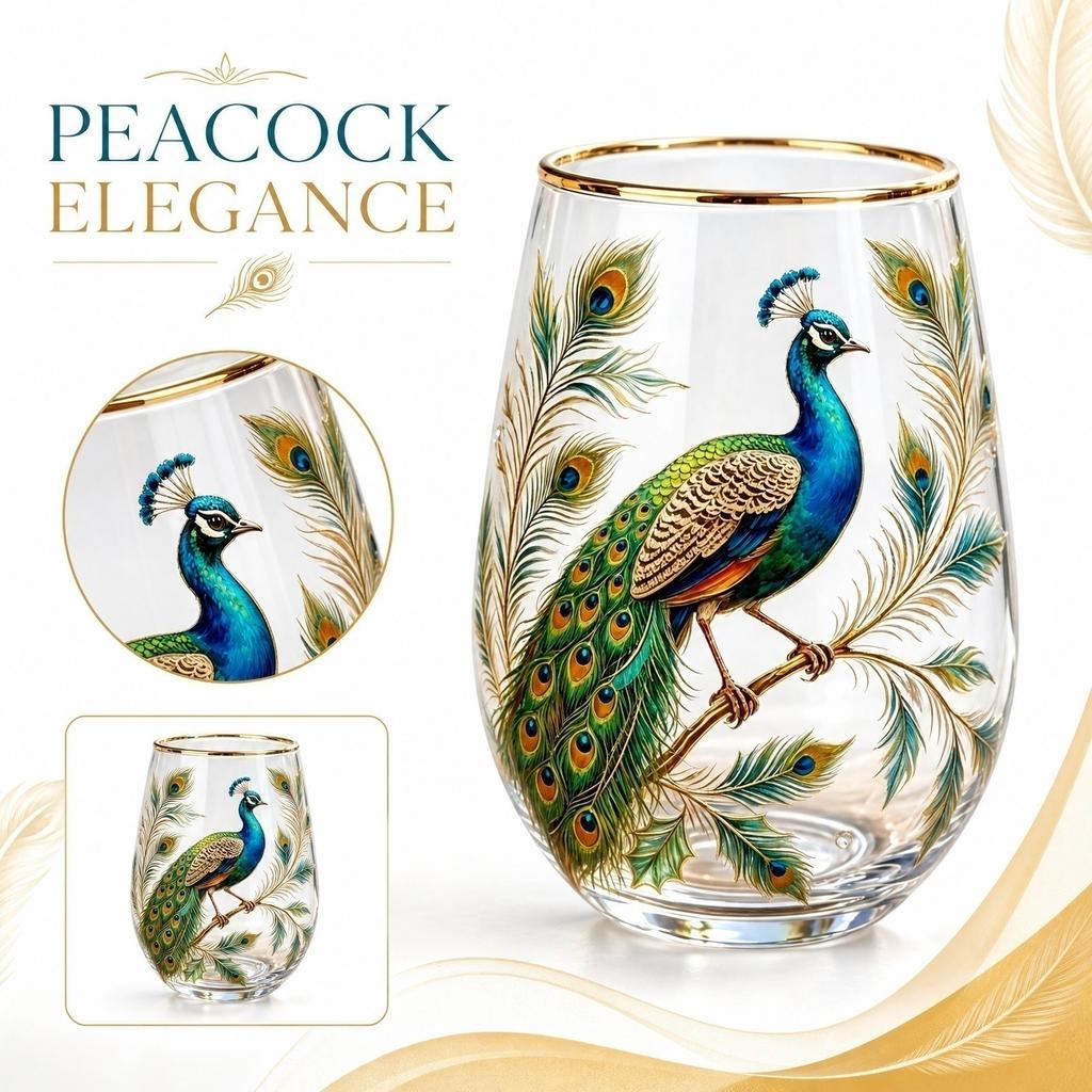 Glass Tea Cup with Peacock Print Decorative Cups for Garden Glass Tea Cups Drinking Cups for Garden