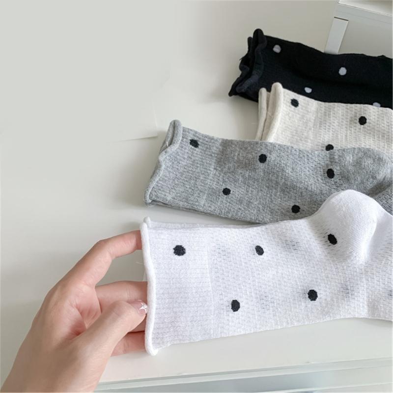 Womens Japanese Vintage Dots Pattern Cotton Middle Tube Calf Socks Hollow Out Breathable Mesh Thin Roll Cuffs Crew Socks