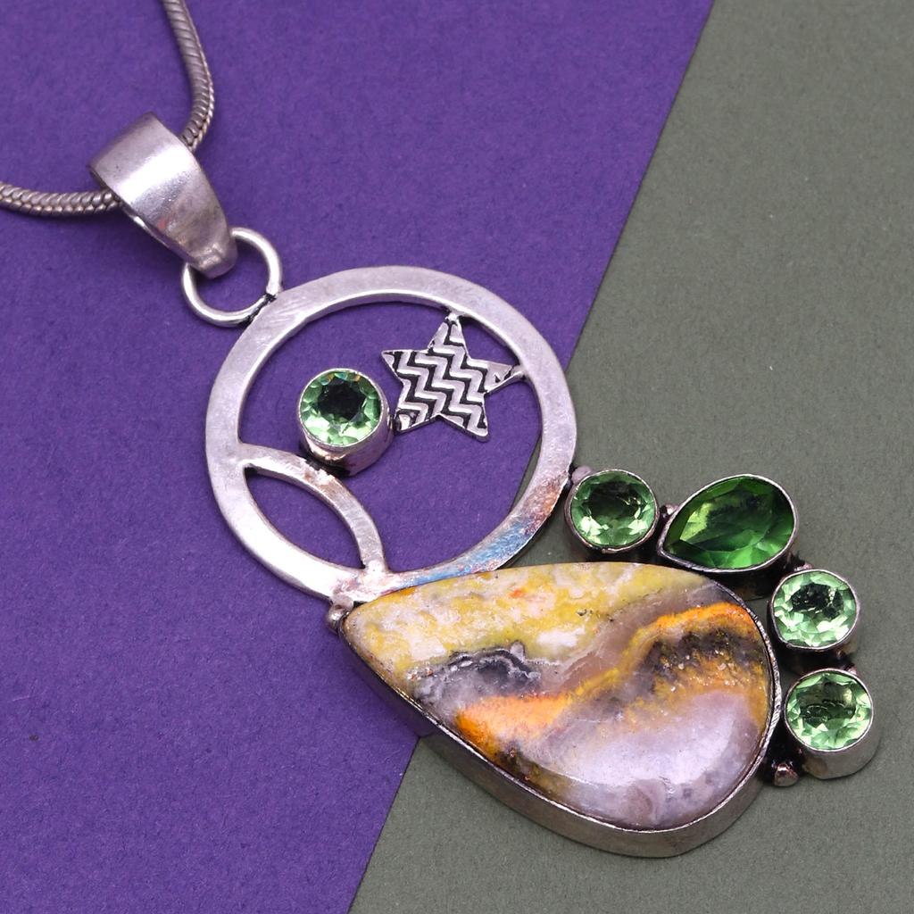 Bumble Bee Jasper Peridot Mother's Day Silver Jewelry Pendant 2.75"