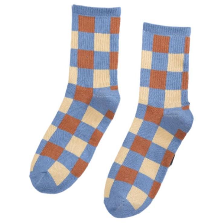 New Women's Blue Plaid College Style Couple Socks - Trendy Japanese Mid-Tube Autumn/Winter Socks