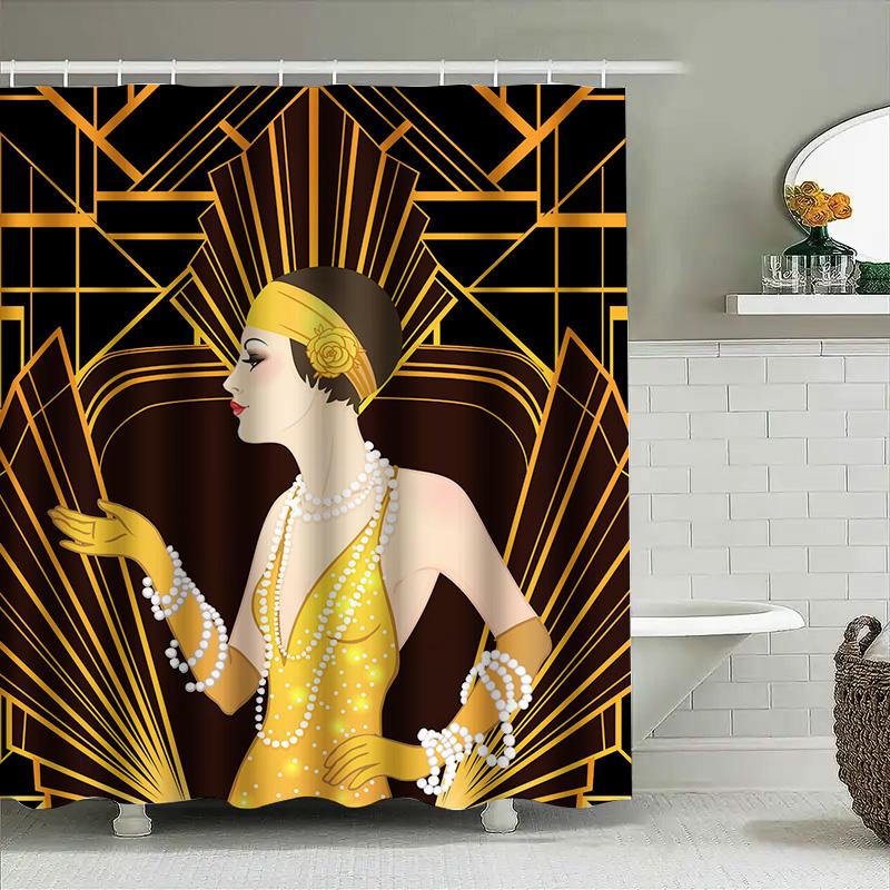 Vintage Art Deco Shower Curtain Luxury Golden Flapper Girl Print Bath Mat Cover Decorative Fabric Home Decoration Waterproof Was