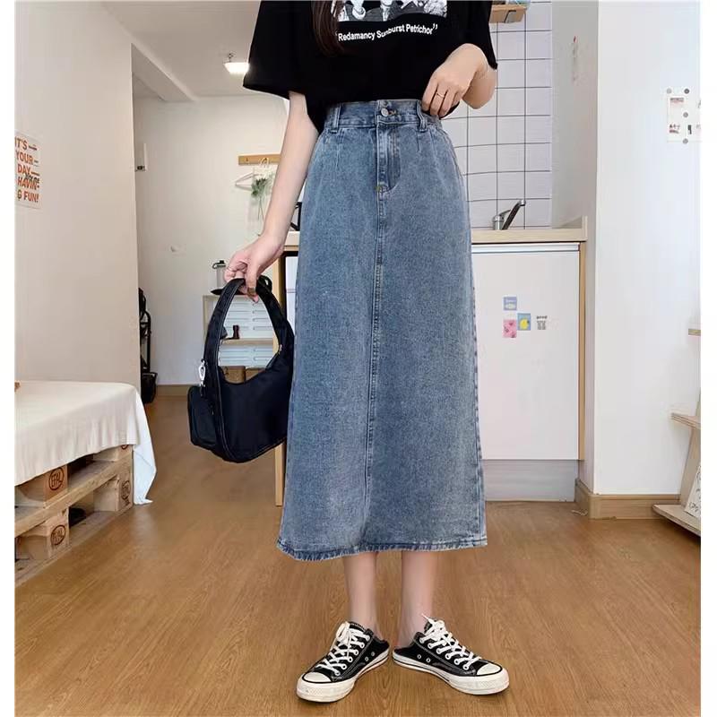 

Plus Size High Waist Denim Midi Skirt for Women – Summer Casual Slimming A-line with Slit XL синій