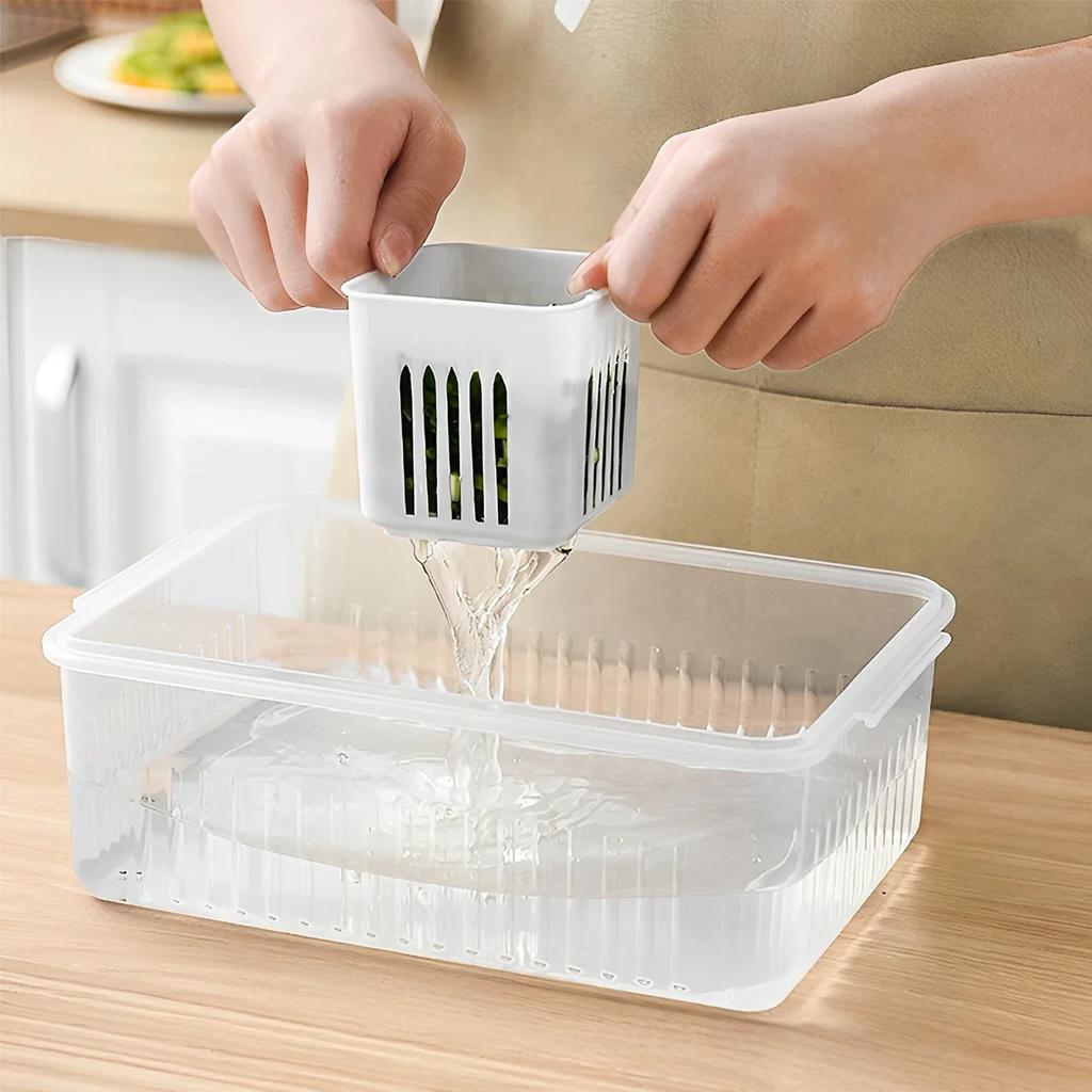 Scallion Preservation Box Plastic Fridge Fresh-Keeping Container with Lid and 6 Grids Draining Crisper Portable Divided Fruit