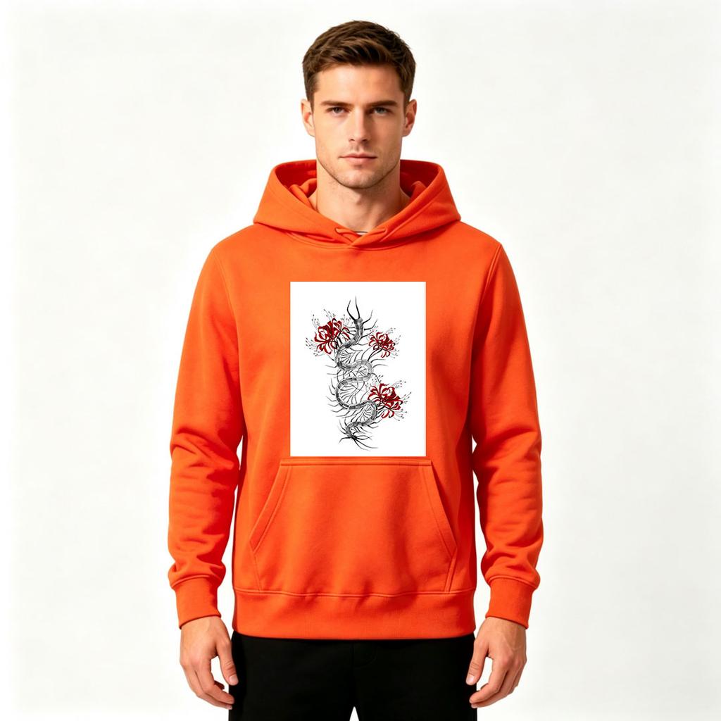 Men's Printed Pullover Hoodie, Stylish Dragon Red Spider Lily Pattern Casual Hooded Sweatshirt