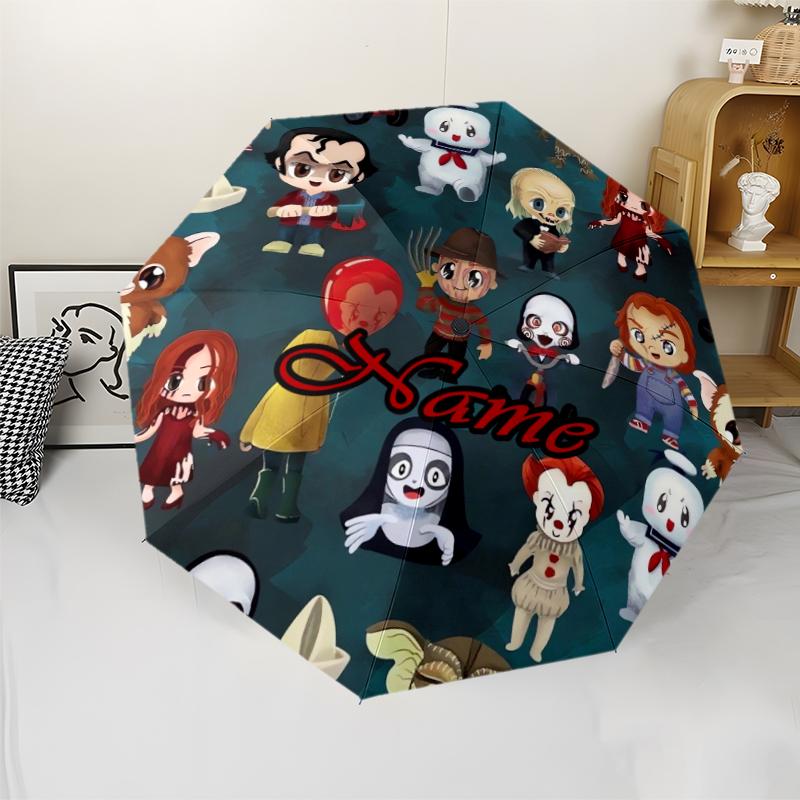 Custom Name Halloween horror Theme Automatic Umbrella, Lightweight & Portable, 8 Rib, Perfect for Outdoor Travel, Birthdays, Christmas, Gifts.