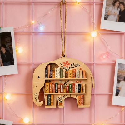 Hölzerner Bücherregal-Schmuck Tierförmiges Bücherregal Weihnachtsbaumschmuck Eule/Hochlandrind/Elefantenfigur Bücherwurm-Geschenke für Buchliebhaber Leser