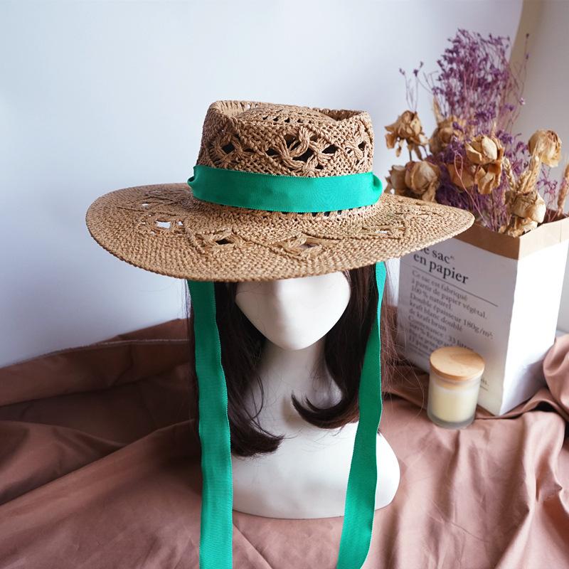Japan Japanese French Retro Hollow Flower White Flat Top Top Hat Women'S Summer Sunshade Vacation Beach Straw Hat Outing