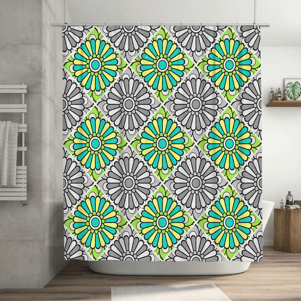 Bunter Blumiger Duschvorhang Dekoratives Wasserdichtes Gewebe für Badezimmer Grün Blau Gelb Grau Fliesenmuster Design Größe 72 x 8