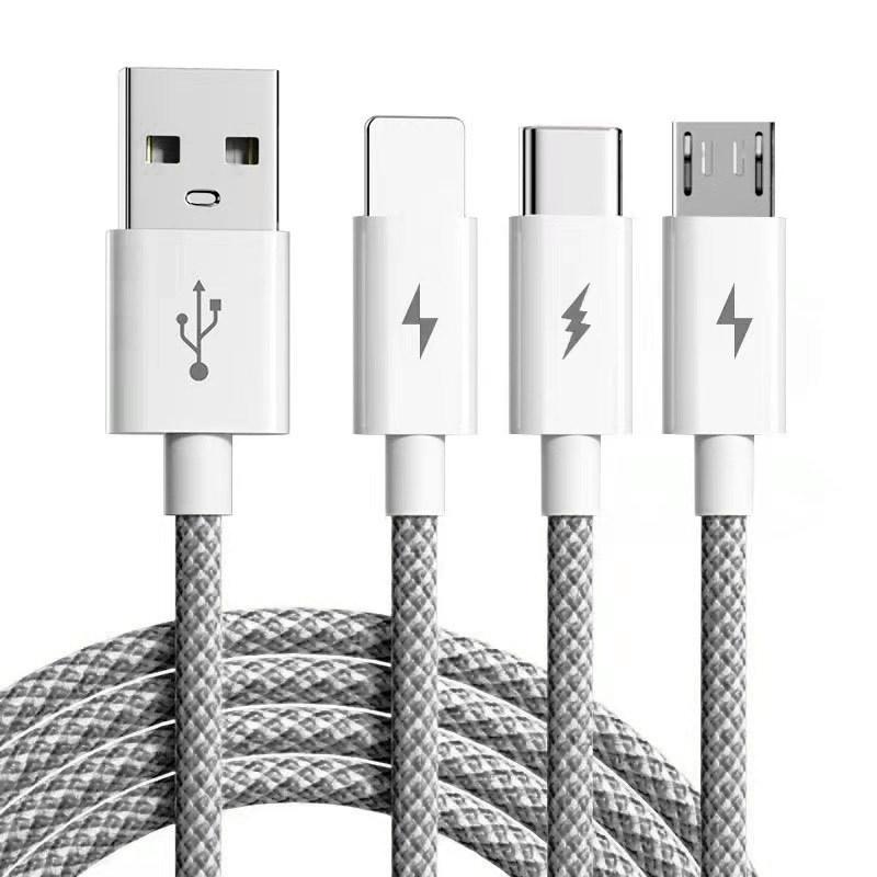 

3 в 1 кабель для передачи данных для Micro Type-C Lightning, кабель для быстрой зарядки, поддержка передачи данных, 66 Вт, 6 А, сверхзарядный нейлоновый телефонный кабель чёрный
