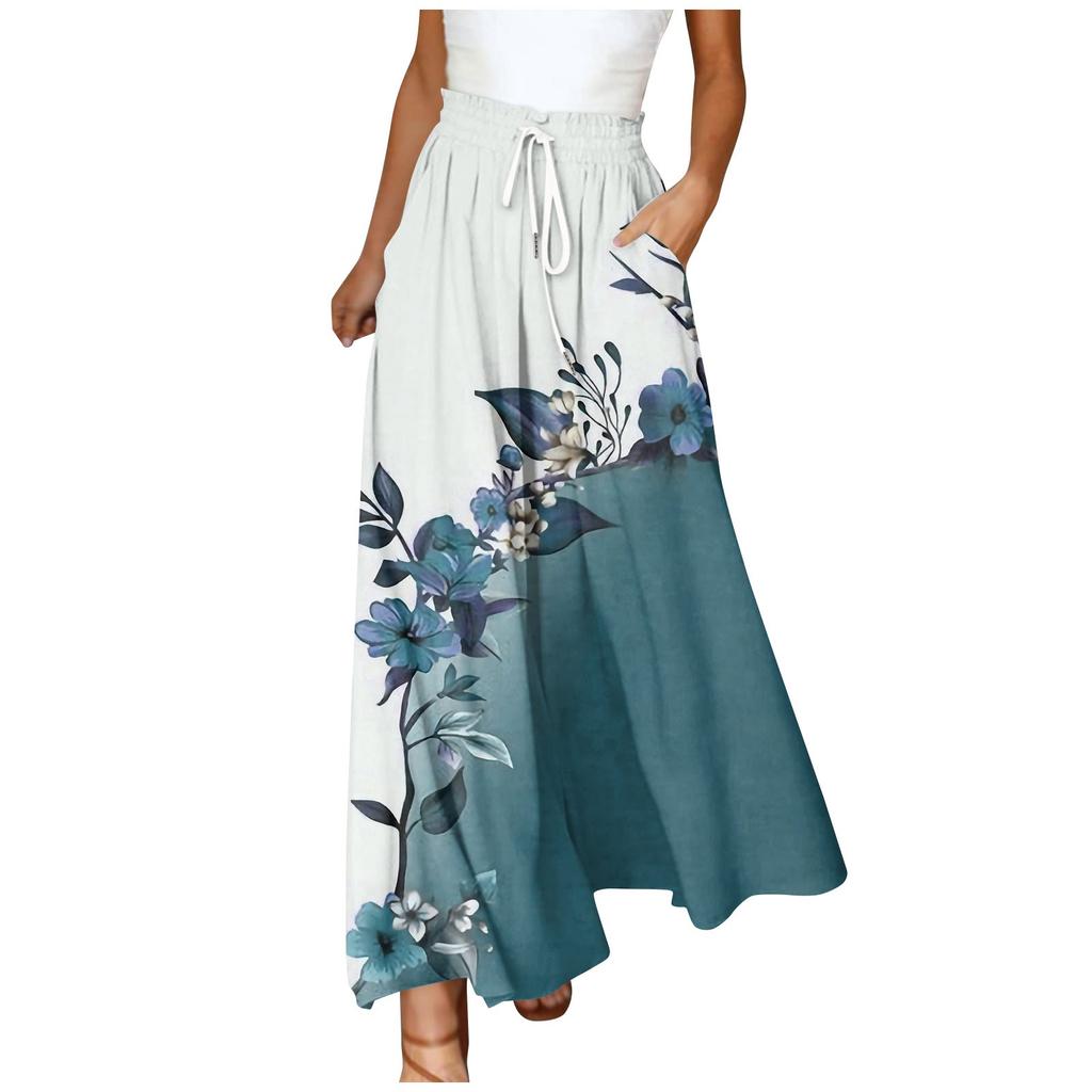 Women's Pants Boho Print Elastic High Waisted Pants Casual Wide Leg Long Pant Trousers With Pocket