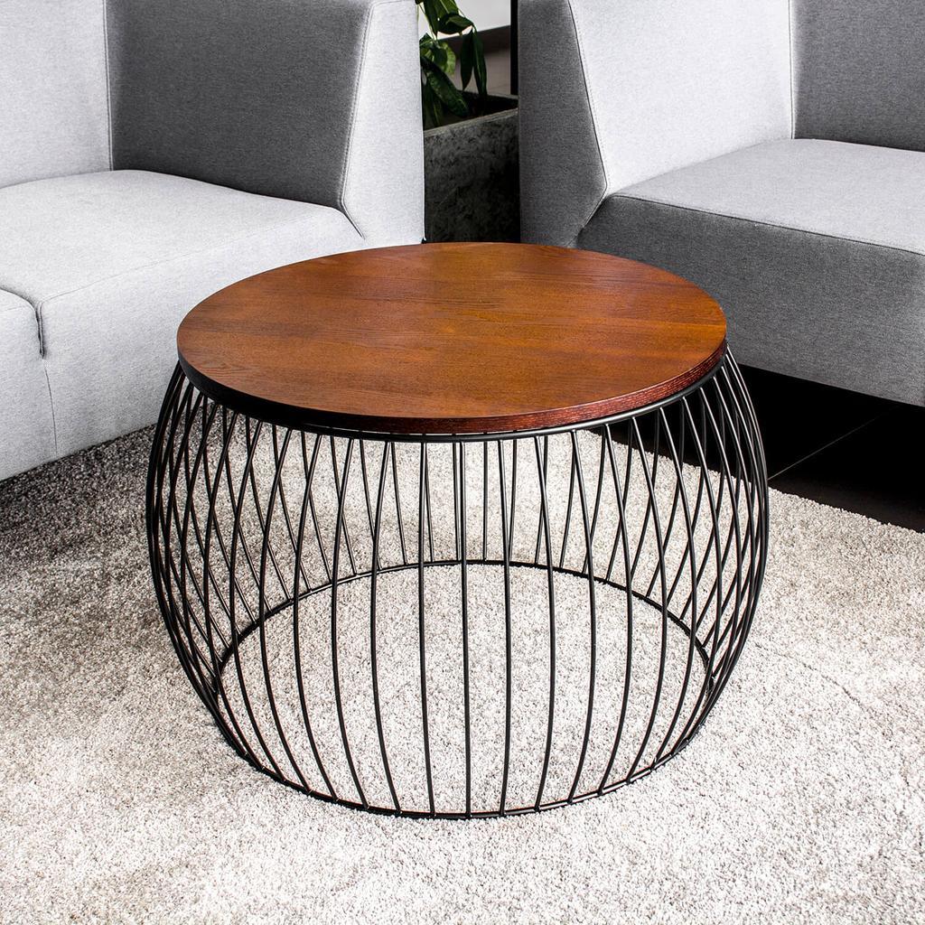 Loft round coffee table, black metal, wooden table, brown bench, 60cm