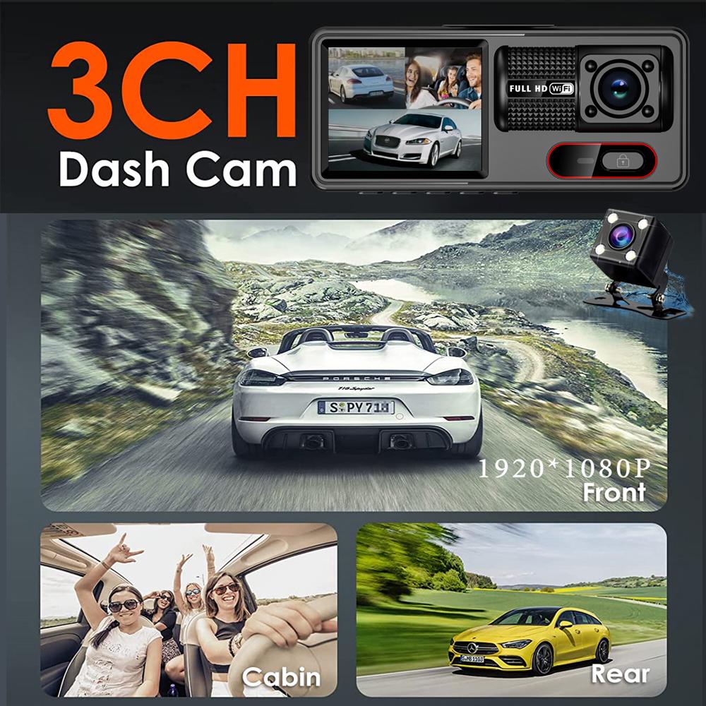WiFi 3 Camera Car DVR, High-definition 1080P Dashcam, In-car 3-channel Video Recorder