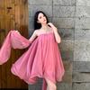 Thousand Gold Atmosphere Heavy Industry Rose Red Chiffon Streamer Imitation Acetic Acid Tube Top Dress Wavy Temperament Exquisite Short Skirt