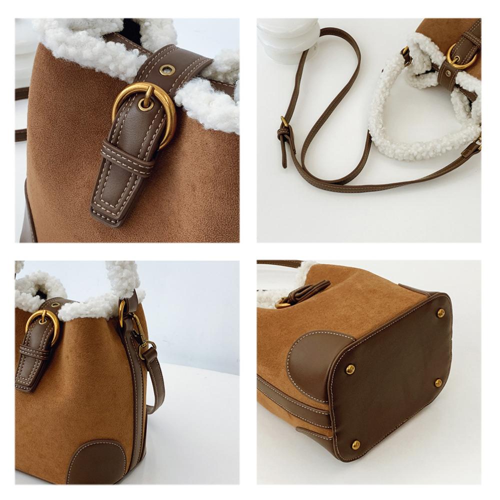 Light Luxury Fashion Women's Shoulder Bags High Quality PU Bag Body Plush Handle Ladies Messenger Bag Casual Retro Female Bucket Bag Mother's Day Gift