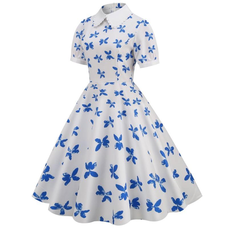 New Women's Clothing Summer Bundle Neck Doll Collar Short-sleeved Retro Printed Medium and Long Dress