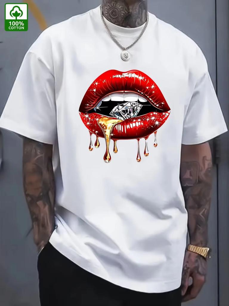 Mens Tshirt Cotton Red Lip and Diamond Print Tshirt Harajuku Y2ko Collar Short Sleeve Unisex