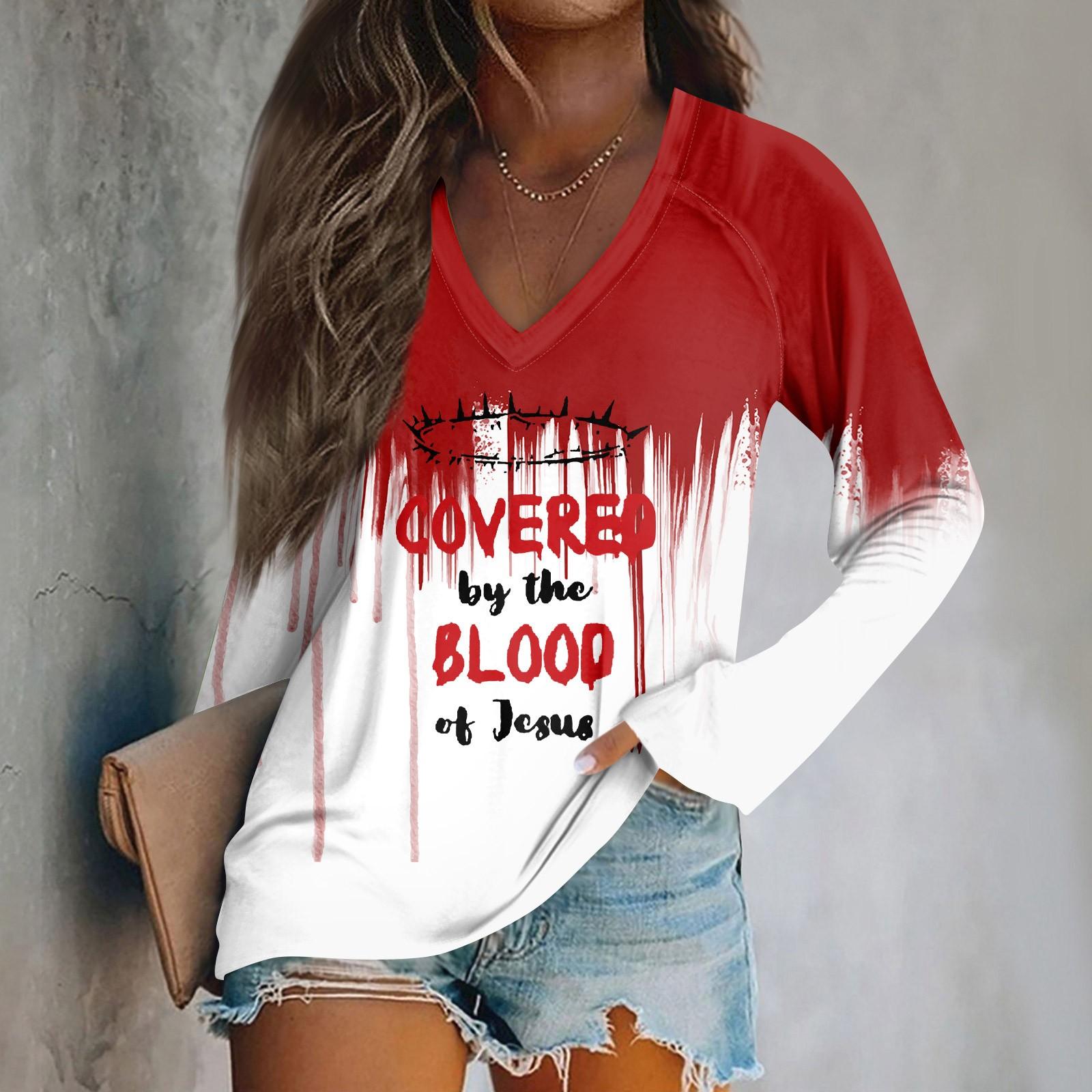 

Женский модный повседневный топ с длинным рукавом и принтом на Хэллоуин с V-образным вырезом XL красный