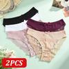 2Pcs/Set Women's Lace Floral Bowknot Panties Sexy Low Waist Hollow Breathable Underpants Female Perspective Transparent Lingerie
