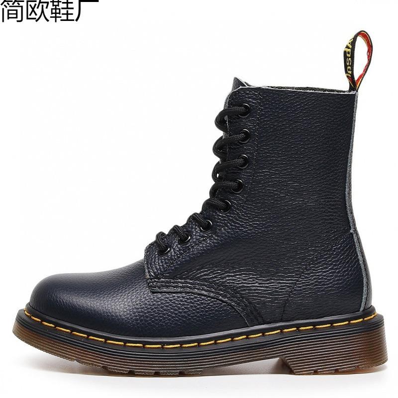 Lychee Pattern Tooling Boots Women's Head Layer Soft Cowhide Pure Black Short Boots British Leather Locomotive Boots