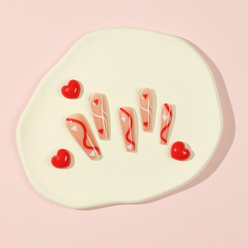 24Pcs/Set Quick Nails Long Red And White Wavy Heart False Nials Sticker Wearable Waterproof Manicure Finished Nails