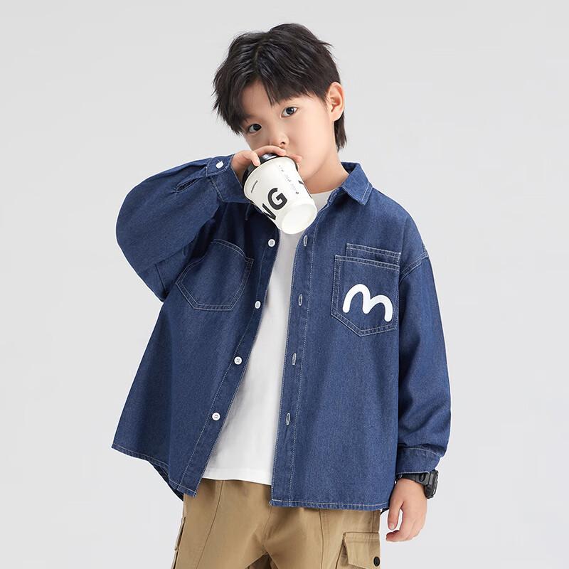 Zuo Xi Boys Denim Shirt Children's Jacket Long Sleeve 2025 New Spring Autumn Boys Shirt Dark Denim Color 130