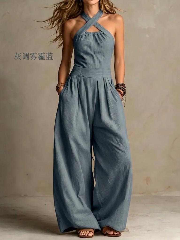 2026 summer new neck cross jumpsuit, European and American style waist back wide-leg pants, cross-border women's clothing