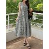 K-style Plus Size Women's Clothing V Neck Leaves Retro Printed Waist-Controlled Lacing Mid-Length Sleeveless Vest Dress Dress