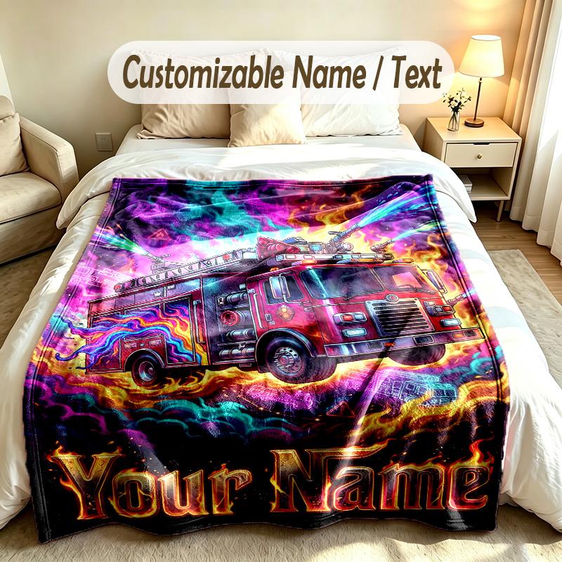 Fire Truck Theme Custom Blanket Personalized Name & Text Customized Soft Warm Throw Blanket Home Decor