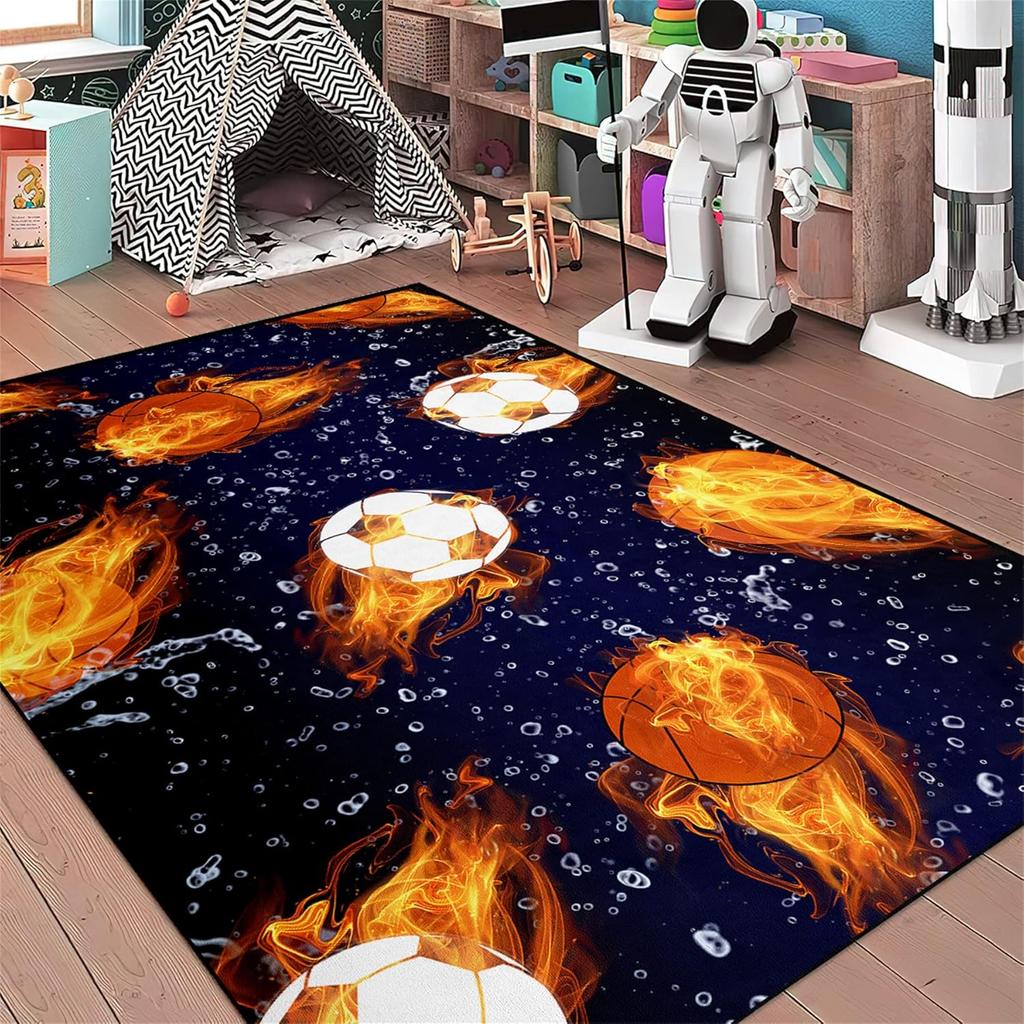 Basketball and Football Sport Rug for Kids Bedroom and Playroom, Navy Blue Sports Carpet, Non-Slip Home Decor Floor Mat