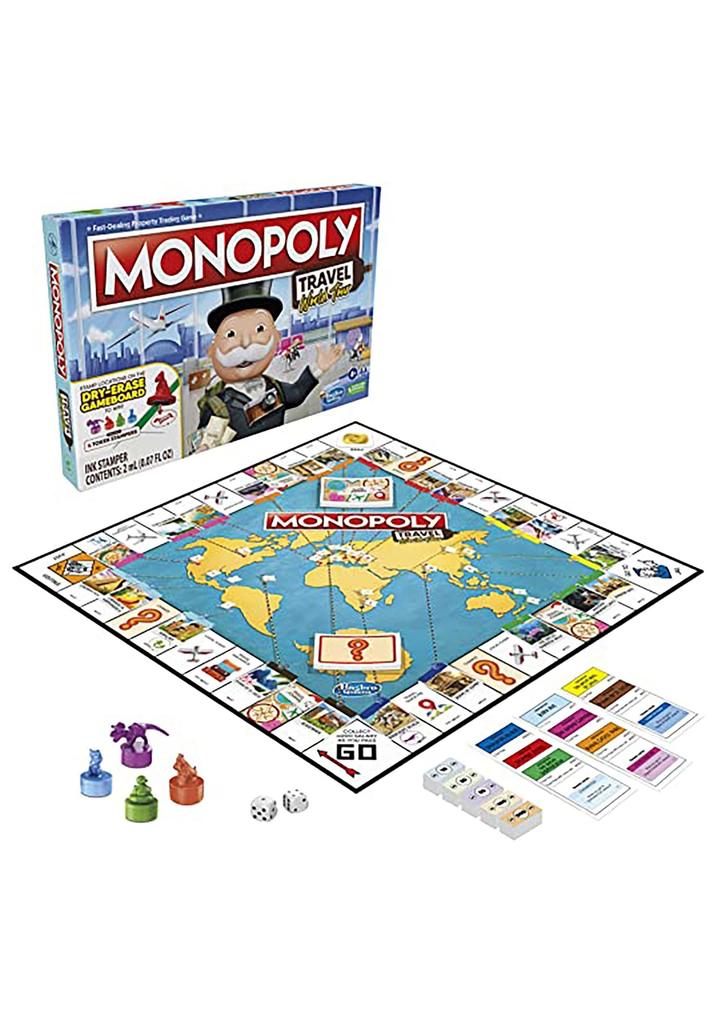 Monopoly Travel World Tour Board Game for Families and Kids Ages 8+, with Token Stampers and Dry-Erase Gameboard, Buy Travel Destinations