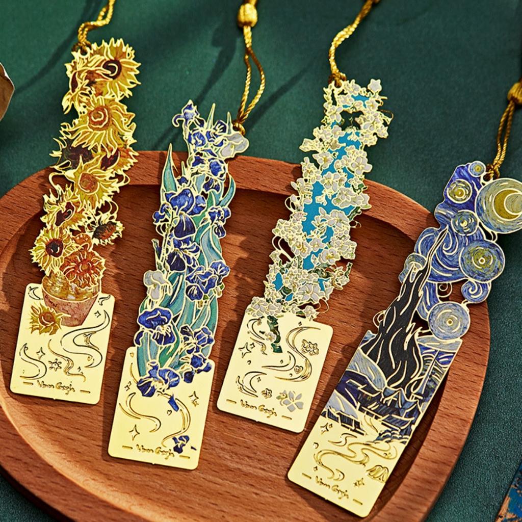 Van Gogh Oil Painting Style Bookmark Vintage Metal Book Page Book Decoration Tassels Bookmarks Student Office Supplies