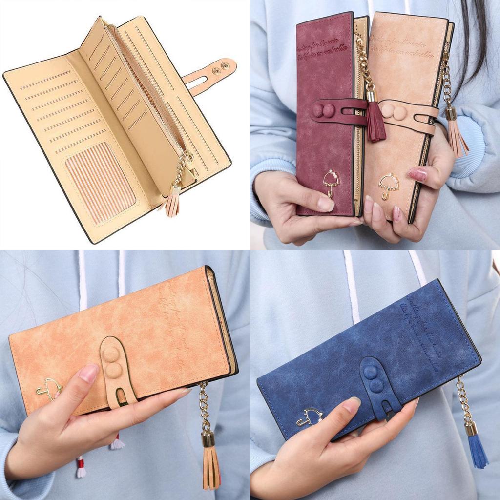 Elegant Women Leather Card Holder Long Trifold Wallet With Tassel And Checkbook Pocket