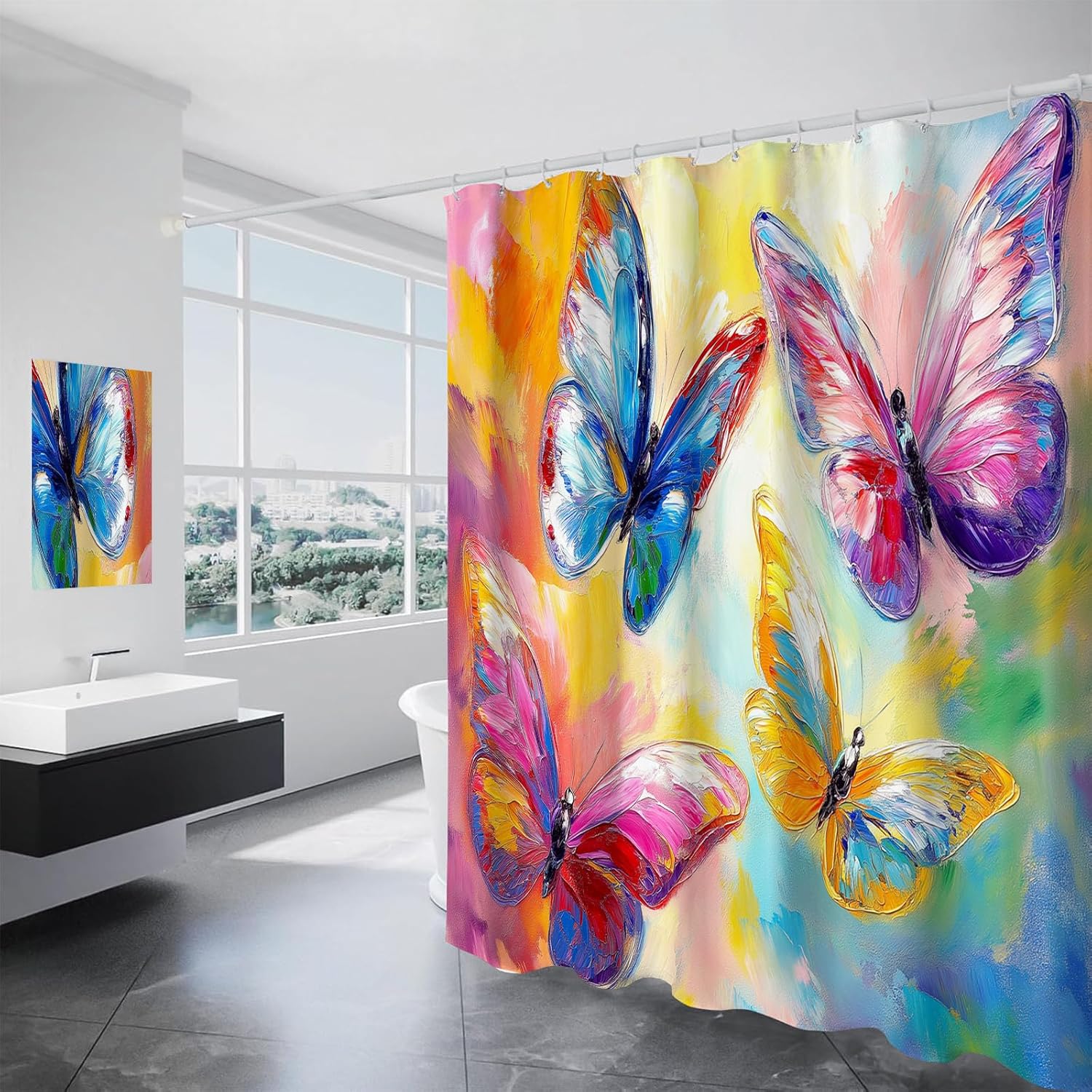 Cute Colorful Butterfly Shower Curtain Artistic Design Bathroom Decor Nature Theme Waterproof Bath Curtain 90x180CM