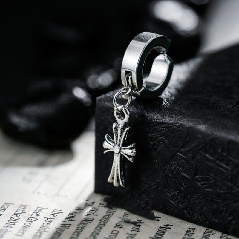 Vintage Trendy Cross Dangle Clip On Earrings For Men Hip Hop Fashion Jewelry