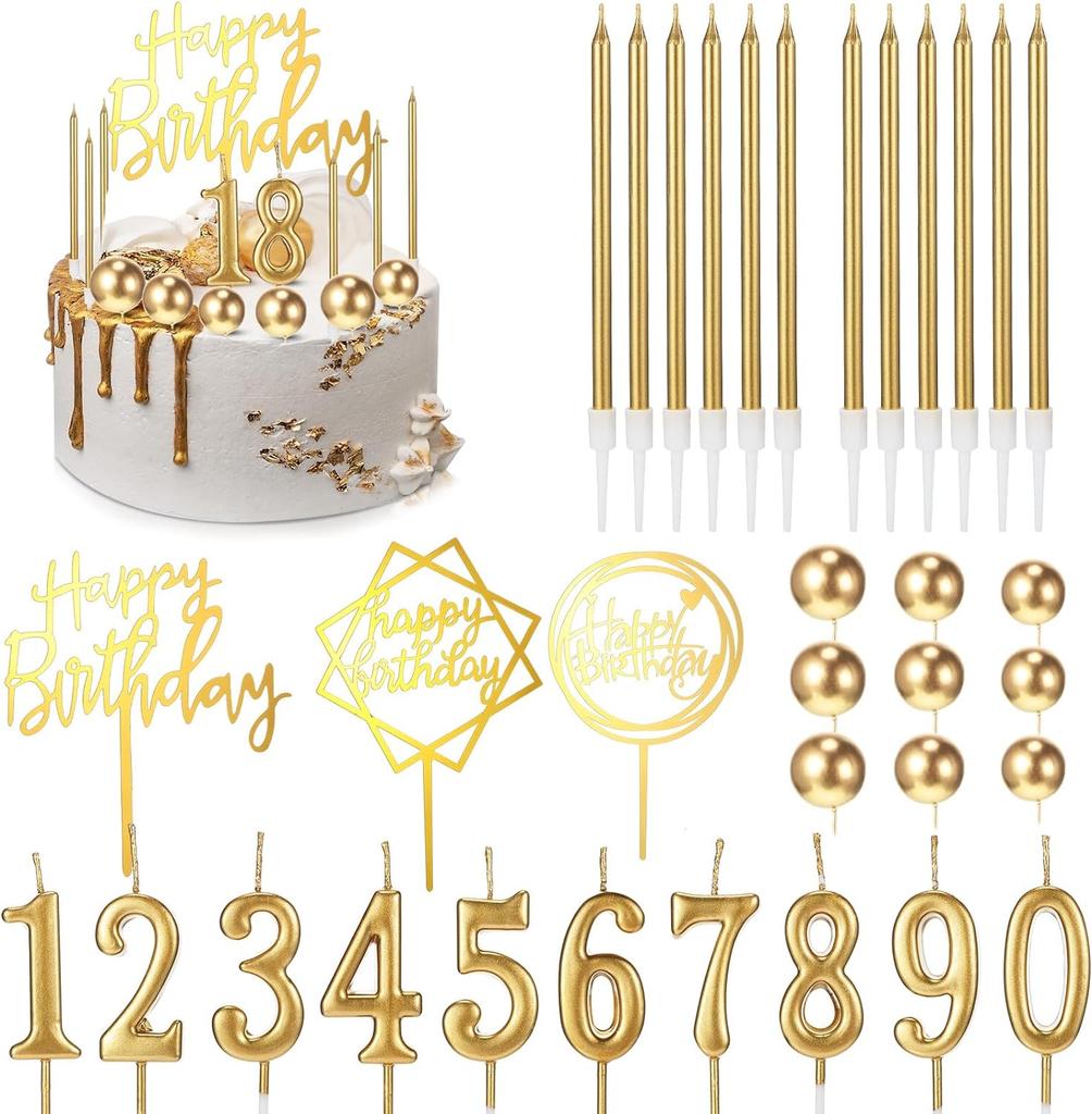 34 Pcs Birthday Candles Cake Toppers with 12 Long Thin Birthday Cake Candle 10 Numeral Birthday Candle 9 Ball Cake Toppers