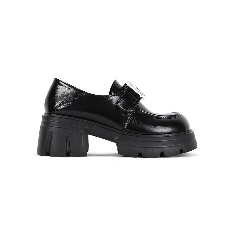 [Sheepskin version] Korean version of high school students JK platform loafers for women's 2025 spring new rhinestone square buckle small leather sho