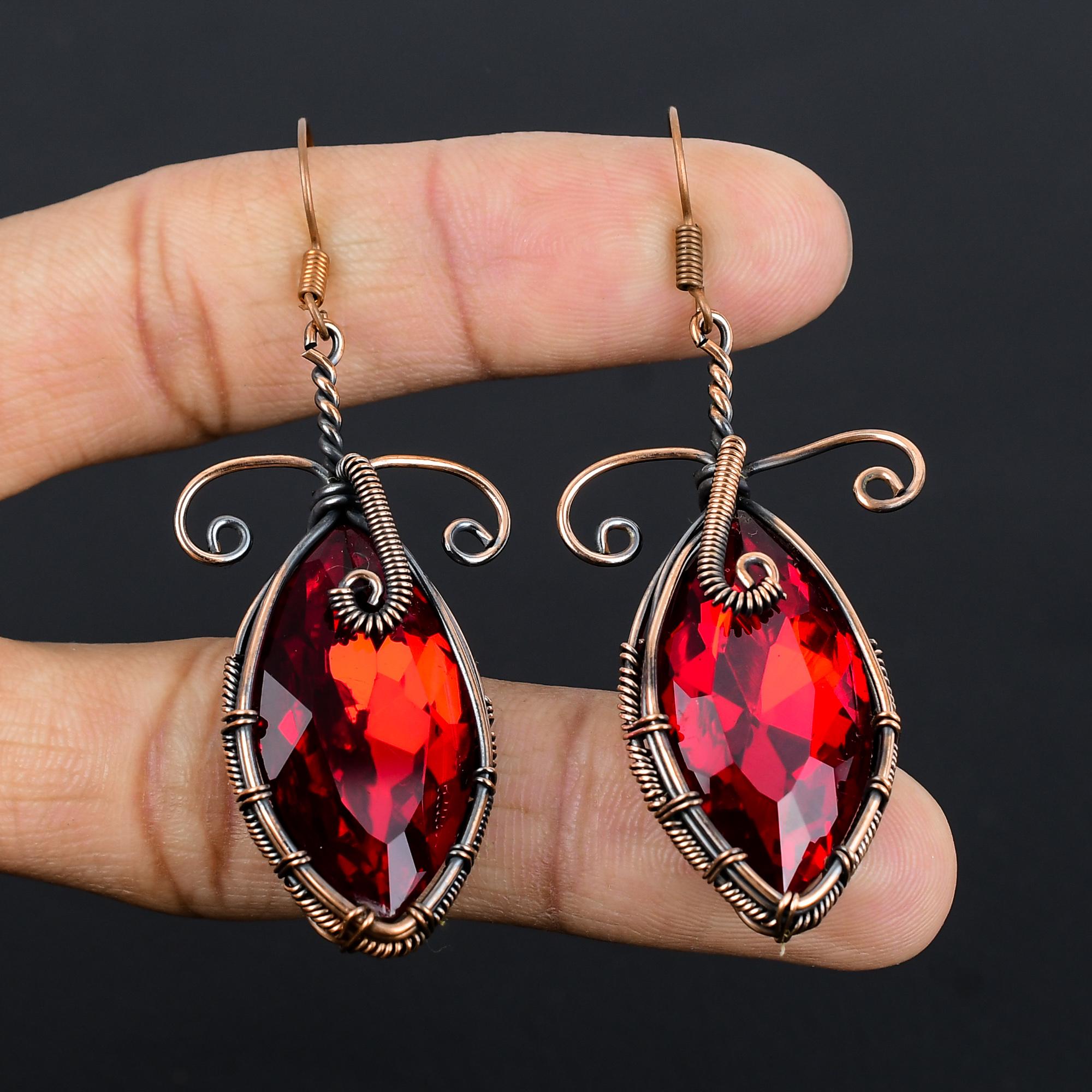 

Garnet & Garnet Mystic Topaz Jewelry, 999 Copper Wire Wrapped Earrings, Handmade Gemstone Jewelry Earrings For Memorial Day 2.55 Inches
