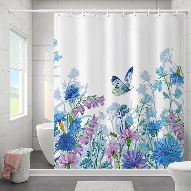 1PC Botanical Flower and Leaf Watercolor Pattern Waterproofing Bathroom Decoration Shower Curtain with Hooks Minimalist Design